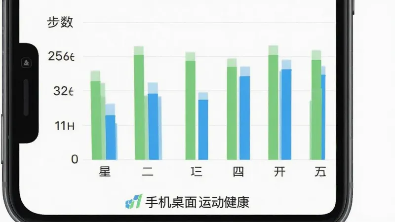 手机桌面运动健康软件数据统计界面,展示一个简洁的柱状图,横轴是星期一到星期日,纵轴是步数,图表颜色为清新的绿色和蓝色,界面底部有“手机桌面运动健康”的标识,整体风格现代商务,排版整齐,画质干净,无多余装饰元素