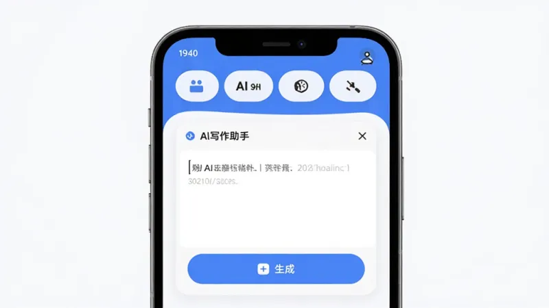 全能AI写作 软件主界面展示，主体为手机屏幕显示AI写作助手对话框，布局上方是功能分类标签，中间是文本输入区和生成按钮，排版简洁清晰，风格现代扁平化，细节圆润，画质干净无多余元素