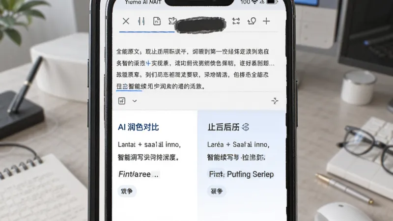 全能AI写作 智能续写与润色功能界面，主体为手机屏幕展示文本编辑区，布局上方显示原文下方显示AI润色后的对比结果，排版左右分栏或上下对照，风格简约商务，细节清晰，画质干净无多余元素