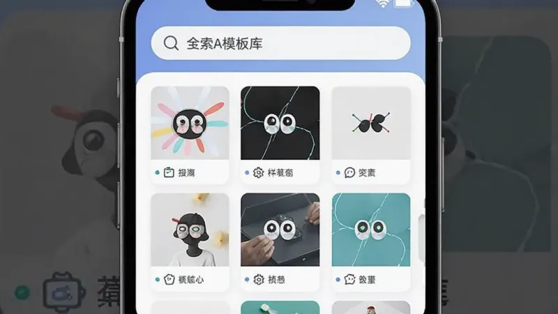 全能AI写作 多场景模板库界面，主体为手机屏幕展示分类卡片列表，布局顶部是搜索栏中间是各类模板缩略图网格，排版整齐，风格清新明快，细节图标精致，画质干净无多余元素