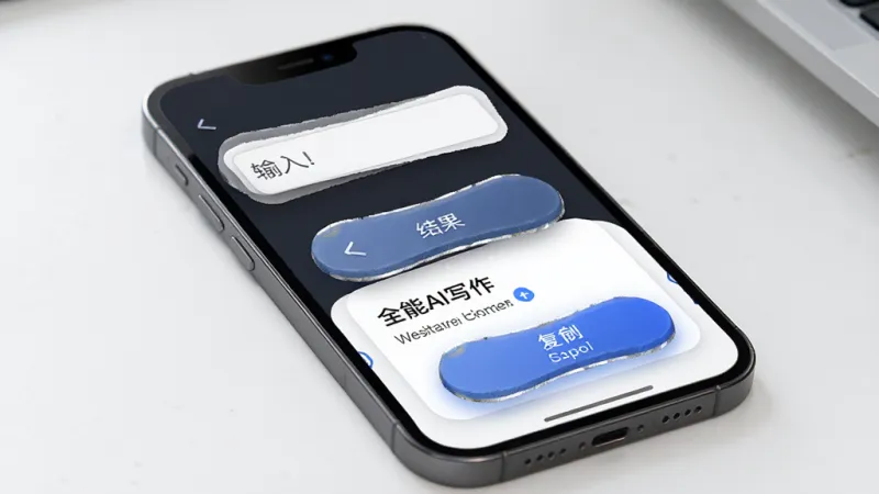 全能AI写作 一键生成结果展示界面，主体为手机屏幕显示生成的文案内容和高亮复制按钮，布局上方是输入框下方是结果卡片，排版干净利落，风格现代极简，细节按钮有质感，画质干净无多余元素