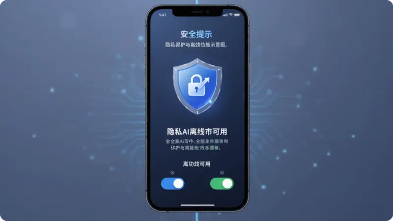 全能AI写作 隐私保护与离线功能示意图，主体为手机屏幕显示盾牌图标和离线可用标识，布局居中展示安全提示文字和功能开关，排版对称，风格科技感，细节光影柔和，画质干净无多余元素