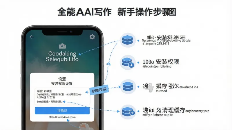 全能AI写作 新手操作步骤图，主体为手机屏幕展示安装权限设置和清理缓存界面，布局分步骤展示设置路径，排版清晰有序，风格扁平化，细节标注明确，画质干净无多余元素