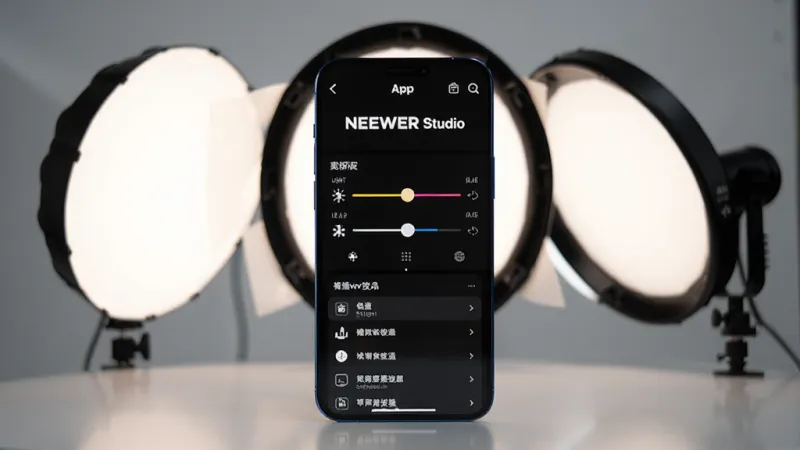 一张展示NEEWER Studio软件全貌的图片,主体是手机屏幕显示App主界面,界面中清晰可见NEEWER Studio字样和灯光控制滑块,手机周围环绕着几盏正在发光的摄影补光灯,布局为手机居中、灯光设备呈扇形排列在后方,排版简洁现代,风格为科技感产品展示图,细节包括手机屏幕上的亮度色温调节条和已连接设备列表,画质高清干净无多余元素