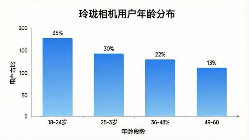 一张柱状图,标题为“玲珑相机用户年龄分布”,横轴为年龄段,纵轴为用户占比,柱子颜色为蓝色渐变,数据展示18-24岁占比35%,25-35岁占比30%,36-48岁占比22%,49-60岁占比13%,排版简洁,风格为现代扁平化设计,画质干净清晰,无多余元素,背景为白色。