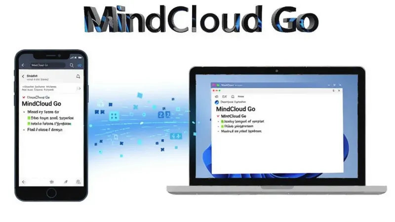 一张展示 MindCloud Go 极速云同步功能的插画，画面左侧是一部手机，右侧是一台笔记本电脑，中间用发光的蓝色数据流连接，手机屏幕上显示正在输入的笔记内容，电脑屏幕上同步出现相同内容，背景简洁白色，风格科技感扁平化，画质干净无多余元素，软件名称 MindCloud Go 出现在画面顶部