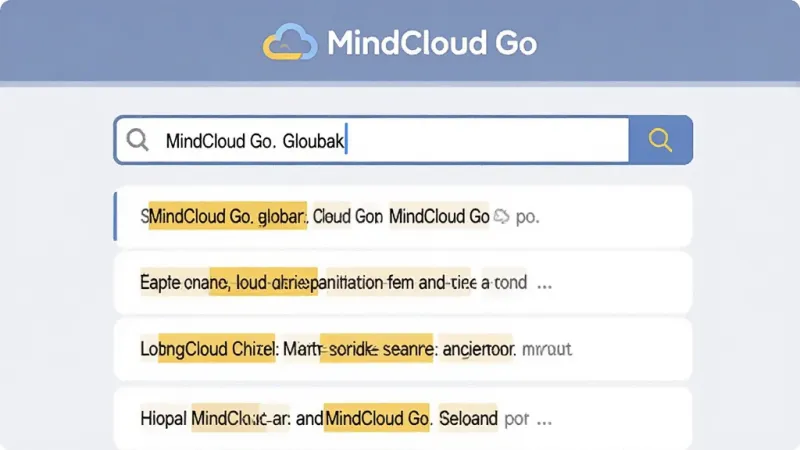 一张展示 MindCloud Go 全局快速搜索功能的插画，画面中央是一个搜索输入框，框内显示关键词，下方是排列整齐的搜索结果列表，每条结果中的关键词用黄色高亮标注，背景是浅灰色极简风格，画面顶部带有 MindCloud Go 标志，画质干净清晰，无多余装饰元素