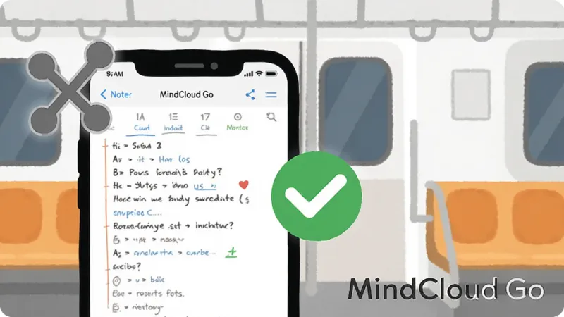 一张展示 MindCloud Go 离线可用功能的插画，画面主体是一部手机，手机屏幕显示编辑中的笔记界面，手机周围有一个灰色的断网图标和一个绿色的对勾图标，表示离线编辑已保存，背景是地铁车厢的简约插画风格，画面右下角有 MindCloud Go 字样，画质干净无多余元素