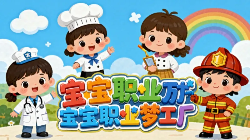 一张色彩明亮、充满童趣的儿童游戏场景插画,画面中央有“宝宝职业梦工厂”的游戏标题文字,周围环绕着穿着不同职业服装的卡通小朋友,比如穿着白大褂的小医生、戴着厨师帽的小厨师、穿着消防服的小消防员,背景是蓝天白云和彩虹,画风可爱,细节丰富,画质干净清晰,无多余元素