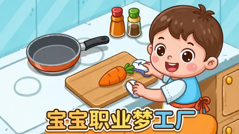 一张宝宝职业梦工厂游戏内厨房烹饪场景的插画,画面中一个卡通小朋友正在用鼠标拖拽的方式把胡萝卜放到砧板上,旁边有平底锅和调料瓶,画面底部有“宝宝职业梦工厂”文字,风格卡通可爱,布局清晰,画质干净无多余元素