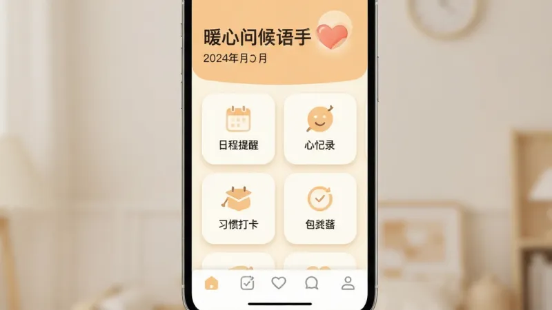 时光暖心助手 手机应用主界面 布局 顶部显示暖心问候语和日期 中部为功能卡片网格 包含日程提醒 心情记录 习惯打卡等图标 底部为导航栏 风格 温暖治愈系 米白与浅橙配色 细节 圆角卡片 柔和阴影 画质 高清 干净 无多余元素