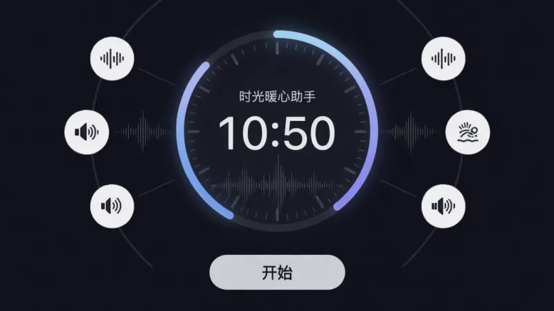 时光暖心助手 专注计时界面 布局 中央为大圆形倒计时表盘 周围环绕白噪音选项图标 下方为开始按钮 风格 极简静谧 深色背景 细节 发光的进度环 细腻的声波纹理 画质 高清 干净 无多余元素