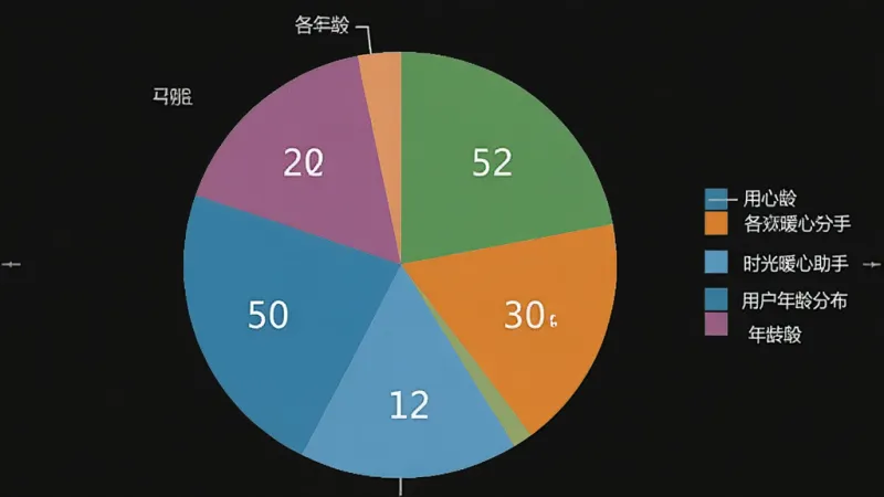 时光暖心助手 用户年龄分布饼状图 布局 圆形饼图 不同颜色扇形代表各年龄段 标注百分比 风格 扁平化信息图 细节 图例清晰 颜色区分明显 画质 高清 干净 无多余元素