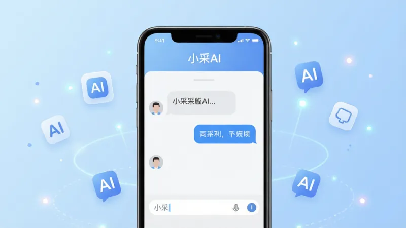 一张展示小采AI手机应用主界面的图片,画面中央是手机屏幕,屏幕内显示小采AI的对话界面,上方有“小采AI”文字标识,界面简洁,有对话气泡和输入框,背景是柔和的浅蓝色渐变,周围有漂浮的AI图标和创意光点,风格现代科技感,细节清晰,画质干净,无多余元素