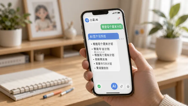 一张小采AI智能对话功能的场景图,画面中一只手拿着手机,手机屏幕上显示着小采AI的对话界面,用户输入了“帮我写个周末计划”,AI回复了详细的计划列表,背景是温馨的居家环境,有书桌和绿植,风格生活化,细节丰富,画质明亮干净,无多余元素