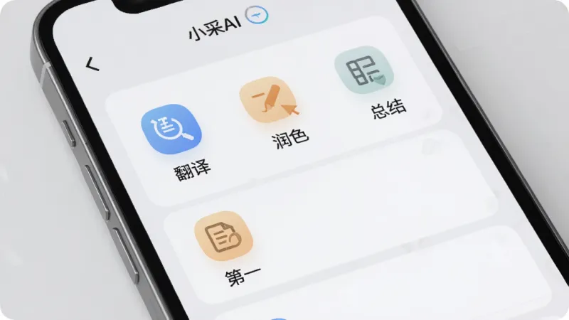 一张小采AI多场景功能界面的图片,画面中手机屏幕显示小采AI的功能列表,包括“翻译”、“润色”、“总结”等图标,每个图标设计简洁,背景是淡雅的灰色,风格商务简约,细节精致,画质清晰,无多余元素