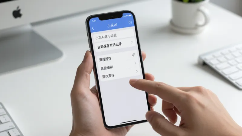 一张展示小采AI安装与设置界面的图片,画面中手机屏幕显示小采AI的设置菜单,有“自动保存对话记录”、“清理缓存”等选项,一只手正在点击屏幕,背景是简洁的桌面环境,风格写实,细节清晰,画质干净,无多余元素