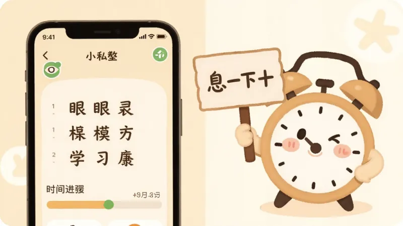 一张展示汉字小私塾护眼模式与时长管理的图片,画面主体是一部手机屏幕显示着柔和的米黄色背景和汉字学习界面,旁边有一个可爱的闹钟卡通形象举着