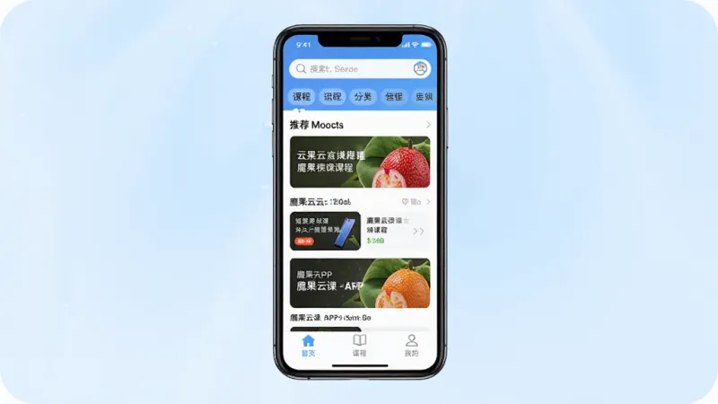一张展示魔果云课APP核心界面的图片，画面中央是手机屏幕，屏幕上显示魔果云课APP首页，顶部有搜索栏和课程分类标签，中间是推荐课程卡片列表，底部导航栏有首页、课程、我的三个选项，背景是浅蓝色渐变，风格简洁现代，画质干净清晰，无多余元素