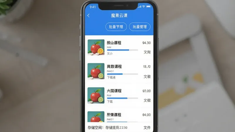 一张展示魔果云课APP课程下载管理界面的图片，手机屏幕显示下载列表，每个课程有缩略图、课程名称、下载进度条和文件大小，顶部有批量管理按钮，底部有存储空间提示，界面风格清新简洁，蓝白配色，画质干净无多余元素