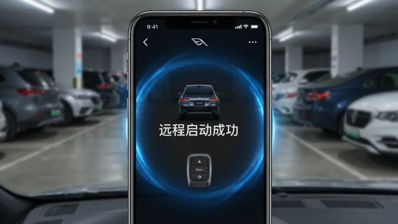 别克遥控器app远程启动功能界面截图，手机屏幕显示车辆引擎启动中动画，周围环绕蓝色光效，背景是停车场实景虚化，画面中间有“远程启动成功”提示文字，风格写实科技感，画质干净无多余元素