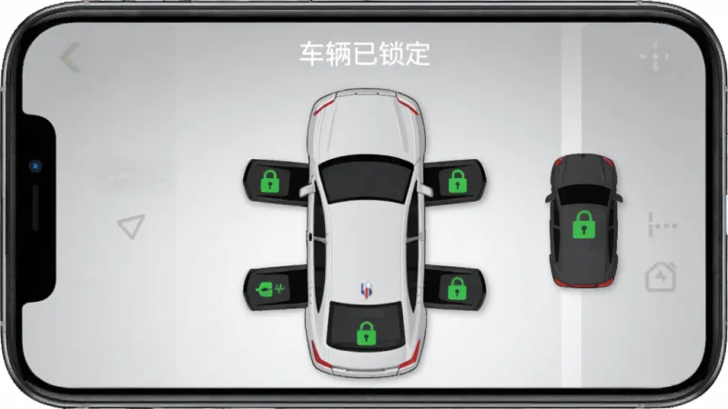 别克遥控器app车门锁控界面，手机屏幕展示车辆俯视图，四个车门和后备箱位置有绿色锁图标，车窗状态显示全部关闭，顶部有“车辆已锁定”文字提示，背景为浅灰色渐变，风格扁平化设计，画质清晰无多余元素
