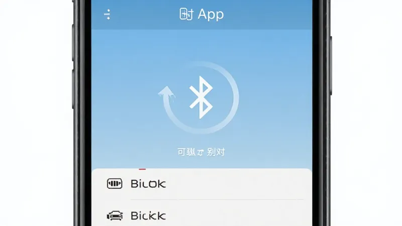 别克遥控器app蓝牙配对连接过程截图，手机屏幕显示正在搜索附近车辆，中间有旋转的蓝牙图标动画，下方列出可连接的别克车辆名称，背景为浅蓝色渐变，风格清爽简洁，画质干净无多余元素