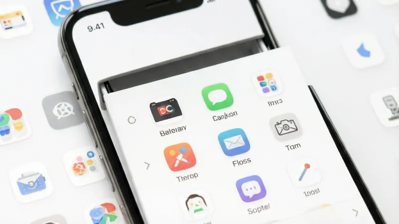 简约 APP 手机桌面 抽屉式应用菜单 图标分类整齐 白色背景 极简风格 干净排版 高清画质 无多余元素