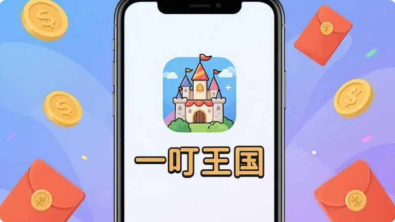 生图提示词:一部亮着屏幕的智能手机特写,屏幕中央显示卡通王国城堡图标和“一叮王国”四个大字,手机周围散落金币和红包元素,背景是柔和渐变的蓝紫色,营造轻松愉悦的赚钱氛围,主体突出,布局居中,排版简洁,风格现代扁平,细节丰富,画质干净无多余元素。