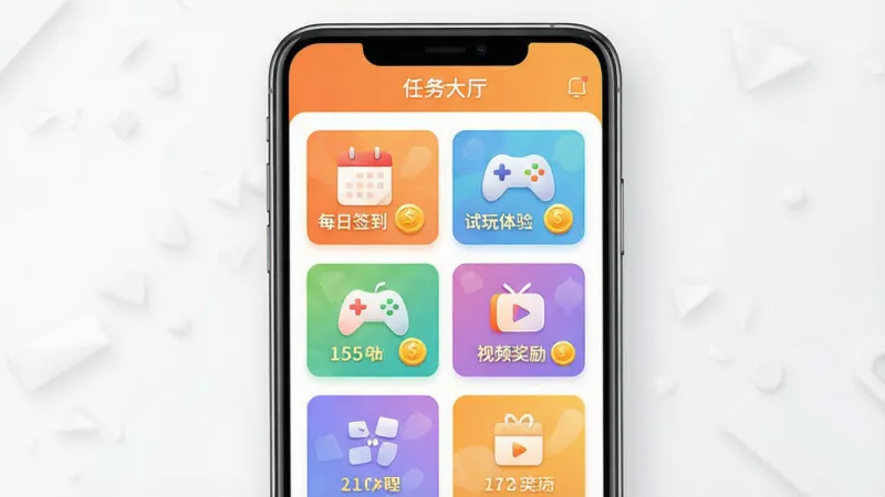 生图提示词:手机App界面截图样式的设计图,上方有“任务大厅”文字标题,下方排列着“每日签到”、“试玩体验”、“视频奖励”等彩色卡片图标,每张卡片都标有金币数量,整体UI以暖橙色和白色为主,主体为界面展示,布局为纵向列表,排版整齐,风格简洁明快,细节清晰,画质干净。