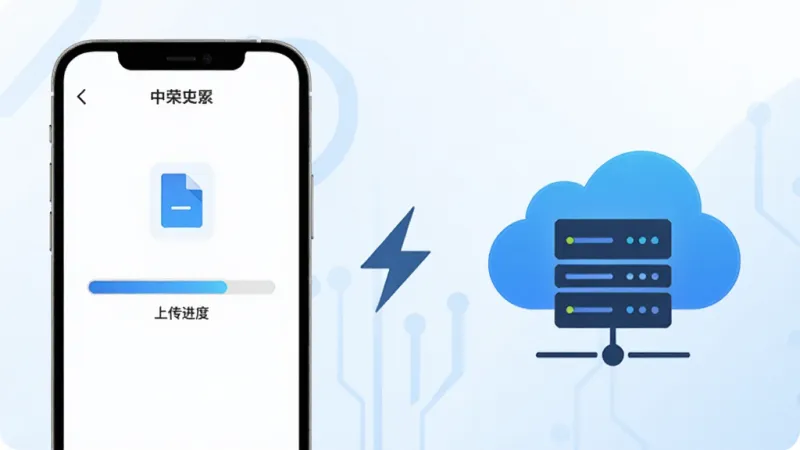 中荣云极速传输功能展示,画面左侧是一部手机屏幕显示文件上传进度条飞速前进,右侧是云端服务器图标,中间用闪电符号连接,背景是科技感蓝白渐变,风格简洁现代,画质干净无多余元素