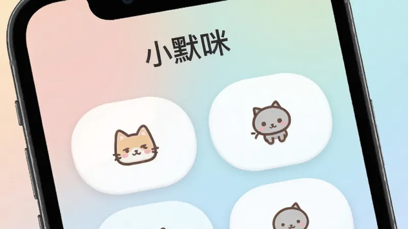 一张展示“小默咪”应用界面的特写图,画面主体是手机屏幕,屏幕上方显示应用名称“小默咪”,下方是几个设计圆润的大按钮,按钮上有简单的图形标识,背景是柔和的渐变色,整体给人一种轻松无压力的视觉感受,画质干净,排版整洁