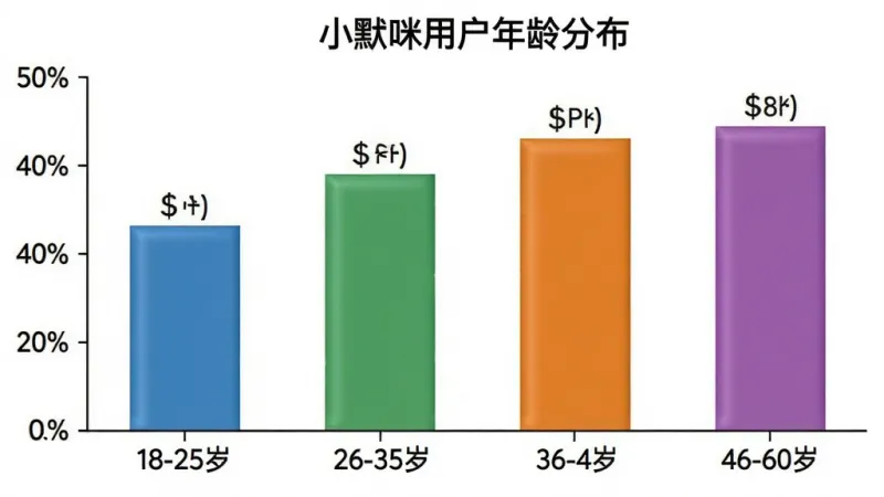 一张柱状图,图表标题为“小默咪用户年龄分布”,横轴是年龄段,分别为18-25岁、26-35岁、36-45岁、46-60岁,纵轴是用户占比百分比,柱子颜色分别为蓝色、绿色、橙色、紫色,图表背景为白色,数据标签清晰可见,整体风格简洁明了