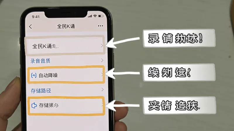 画面展示一部手机屏幕上显示全民K诵的设置界面,其中录音音质、自动降噪、存储路径等选项被高亮标注,旁边有箭头指向对应说明文字,整体排版清晰,风格教程图解,画质干净无多余元素,画面中带有全民K诵字样