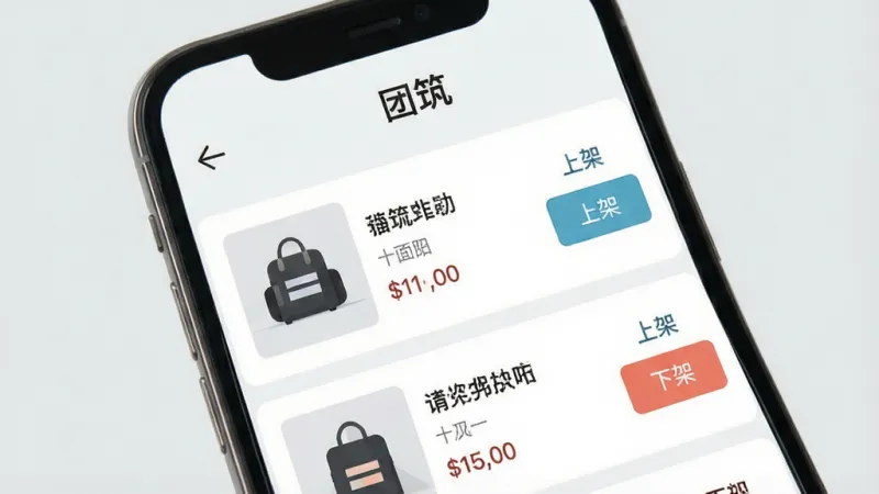 团筑App商品管理界面特写,手机屏幕展示商品列表,每个商品带有图片、名称和价格,旁边有“上架”和“下架”的按钮,界面设计简洁,背景为浅灰色,文字标签清晰,风格现代扁平,画质干净无多余元素,屏幕上方显示“团筑”字样