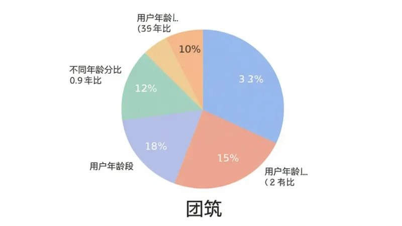 团筑App用户年龄分布饼状图,图表显示不同年龄段用户占比,配色柔和,数据标签清晰,背景干净,风格简约现代,图表中央或下方显示“团筑”应用名称