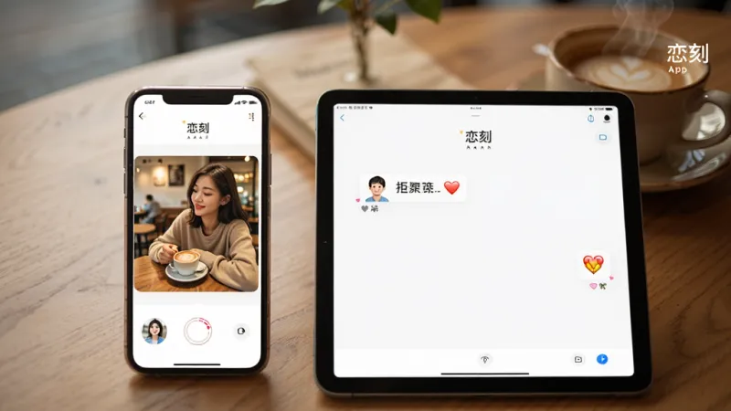 一部手机和一部平板并排摆放,屏幕上都显示“恋刻”App的同步界面,左边手机显示女生上传了一张咖啡店照片,右边平板显示男生回复了爱心表情,背景是木质桌面和一杯热咖啡,画面风格温暖生活化,布局对称,画质干净无多余元素