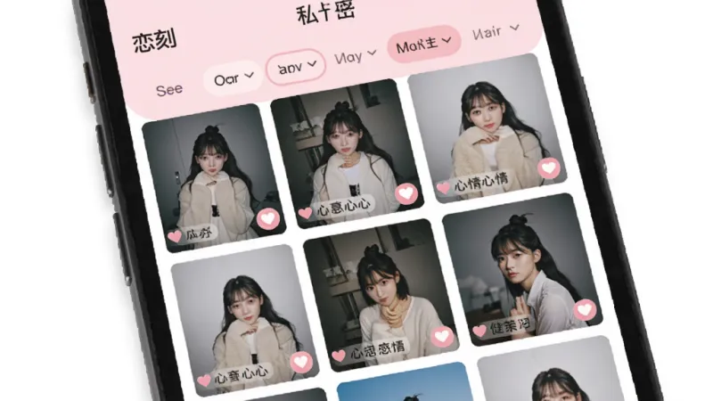 一个手机屏幕特写,显示“恋刻”App的私密相册页面,照片以网格形式排列,每张照片右下角有小爱心图标和心情标签文字,顶部有月份筛选栏,背景是浅粉色,画面风格清新,布局整齐,画质干净无多余元素