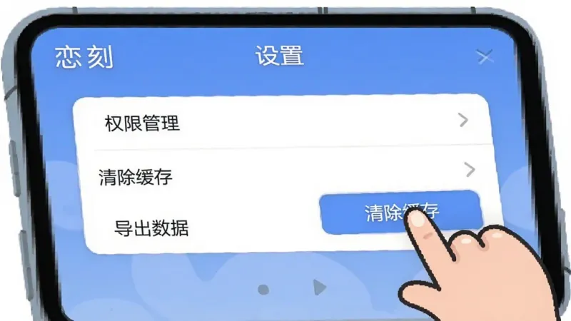 一张手机屏幕截图风格插画,画面显示“恋刻”App的设置页面,里面有权限管理、清除缓存、导出数据等选项,旁边有一个卡通手指指向“清除缓存”按钮,背景简洁,风格扁平化,布局清晰,画质干净无多余元素
