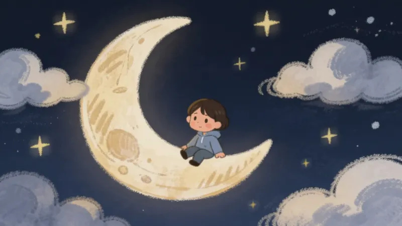 画面展示一个手绘风格的夜空场景,主体是一个坐在弯弯月亮上的小人,周围漂浮着几朵软绵绵的云彩和发光的星星,布局采用三分法构图,排版留白舒适,风格是温馨的绘本手绘风,细节上月亮有淡淡的纹理,星星带有十字光芒,画质细腻柔和,无多余元素