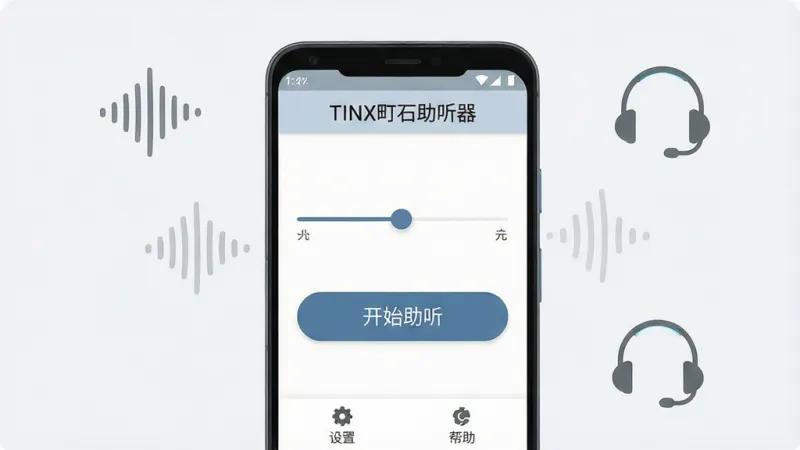 一张展示TINX町石助听器App核心界面的手机样机图,画面中央是一部竖屏安卓手机,屏幕内显示App主界面,界面顶部有“TINX町石助听器”文字标题,中间是音量调节滑块和“开始助听”大按钮,底部有设置和帮助入口,背景为浅灰白色,手机周围有简洁的声波图标和耳机图标作为装饰,整体风格干净现代,扁平化设计,画质清晰,无多余元素