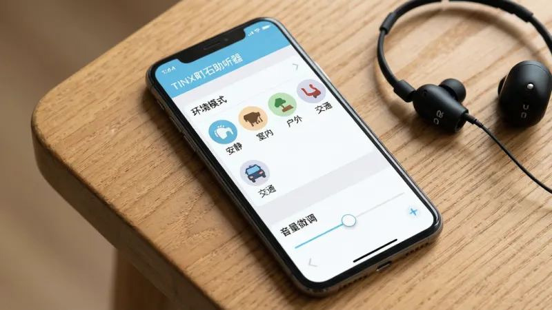 一张展示TINX町石助听器App设置页面的手机截图，屏幕内显示“环境模式”选项列表，包括安静、室内、户外、交通四个图标，下方有“音量微调”滑块，界面以白色和浅蓝色为主，文字清晰，布局宽敞，手机放置在木质桌面上，旁边有一副黑色蓝牙耳机，整体风格生活化，画质干净，无多余元素