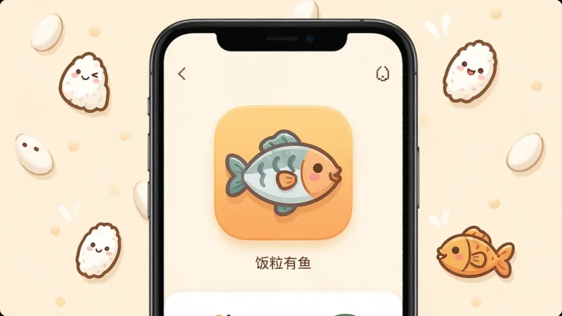 一张展示“饭粒有鱼”App核心全貌的手机界面截图,画面中央是应用主图标和简洁的主页,背景是温暖的米白色调,界面干净无广告,周围点缀着几颗卡通饭粒和一条小鱼,风格轻松可爱,画质清晰,无多余元素