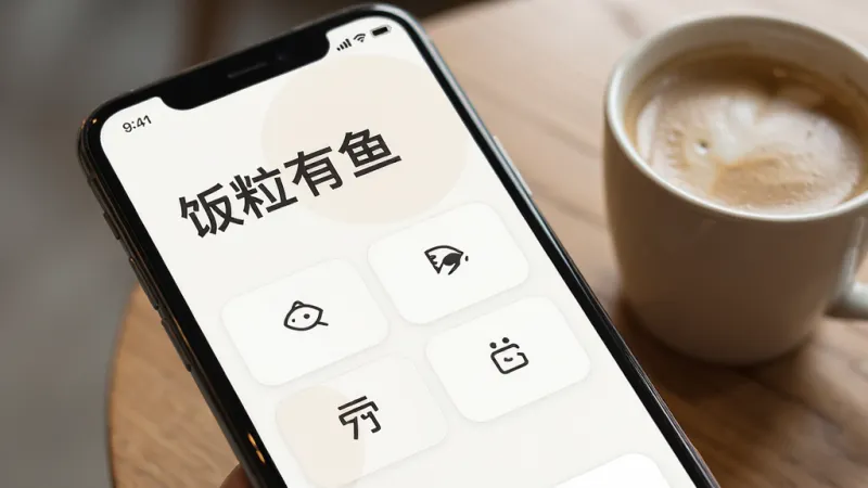 一张“饭粒有鱼”App主界面的特写图,展示其极简风格,浅色背景,大号字体功能按钮,没有任何广告横幅,画面干净整洁,旁边放着一杯咖啡,营造轻松使用氛围,画质细腻
