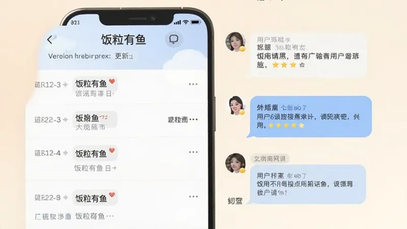 一张展示“饭粒有鱼”更新日志和用户反馈界面的手机截图,画面中可以看到版本更新记录列表,旁边有用户留言的对话气泡,风格亲切,背景柔和,画质清晰