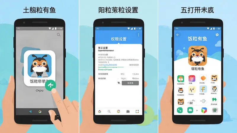 一张展示在安卓手机上安装“饭粒有鱼”App的步骤示意图,画面分为三步:第一步点击安装包,第二步权限设置界面,第三步打开App主界面,风格为扁平化插画,色彩明快,画质干净