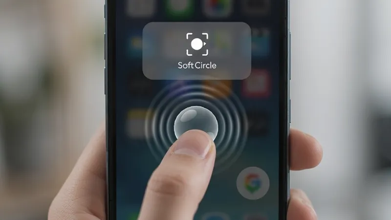 悬浮捷径SoftCircle 悬浮球手势操作示意图 一只手拿着手机 拇指正在长按屏幕边缘的半透明悬浮球 屏幕上方弹出截屏成功的动画提示 布局为手机居中 手势动作特写 排版清晰 风格为写实科技风 细节上悬浮球有触感反馈波纹 背景虚化 画质干净 无多余元素