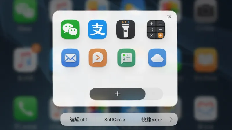 悬浮捷径SoftCircle 快捷面板编辑界面 屏幕上展示一个可自定义的网格面板 里面排列着微信 支付宝 手电筒 计算器等图标 底部有添加按钮 布局为面板居中 编辑选项在下方 排版规整 风格为现代简约UI 细节上图标圆润 有轻微阴影 画质干净 无多余元素