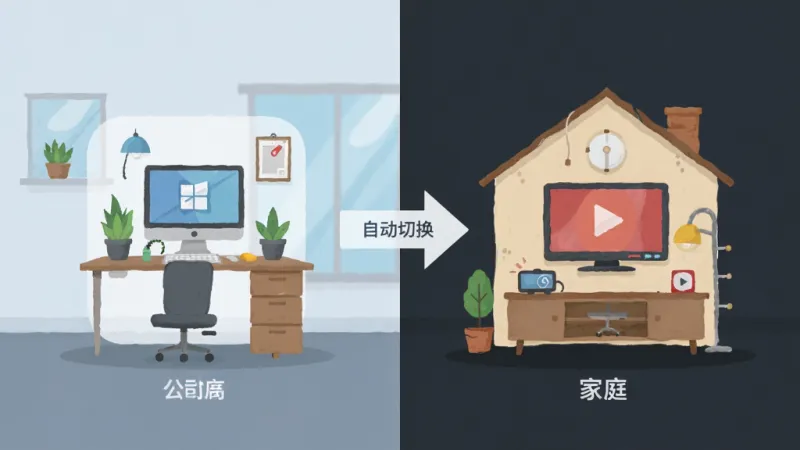 悬浮捷径SoftCircle 场景自动切换示意图 画面分成左右两部分 左边是公司场景显示办公图标 右边是家庭场景显示娱乐图标 中间用箭头连接表示自动切换 布局为左右对比 排版清晰 风格为扁平插画风 细节上图标有场景化区分 画质干净 无多余元素