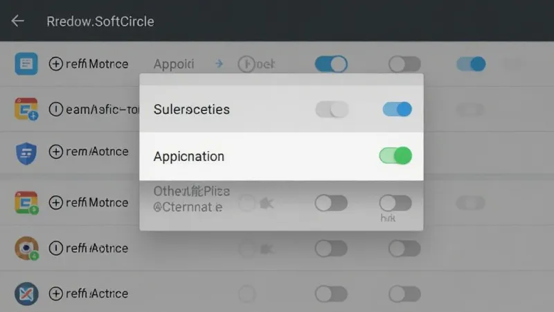 悬浮捷径SoftCircle 软件权限管理界面 屏幕上显示应用权限列表 悬浮窗和辅助功能权限已开启 其他敏感权限显示为灰色关闭状态 布局为列表居中 排版清晰 风格为安卓原生设置界面风格 细节上开关按钮有颜色区分 画质干净 无多余元素